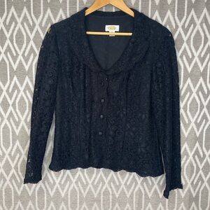 Vintage Talbots Lace Floral Embroidered Blazer Sheer Lace Sleeves Black Size: 14
